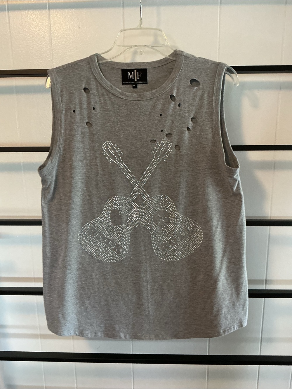 M|F Sleeveless Gray Rhinestone Guitar Tank, Medium, Sleeveless, D2
